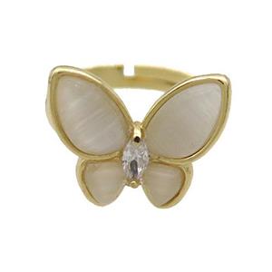 Copper Butterfly Ring Pave White Catseye Adjustable Gold Plated, approx 16-18mm, 18mm dia