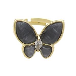 Copper Butterfly Ring Pave Black Catseye Adjustable Gold Plated, approx 16-18mm, 18mm dia