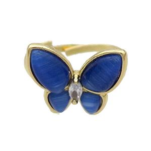 Copper Butterfly Ring Pave Blue Catseye Adjustable Gold Plated, approx 16-18mm, 18mm dia