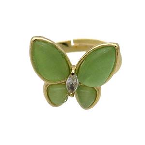 Copper Butterfly Ring Pave Green Catseye Adjustable Gold Plated, approx 16-18mm, 18mm dia