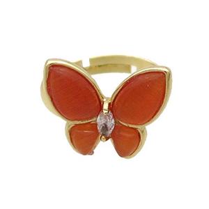Copper Butterfly Ring Pave Red Catseye Adjustable Gold Plated, approx 16-18mm, 18mm dia