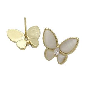 Copper Butterfly Stud Earring Pave White Catseye Gold Plated, approx 16-18mm