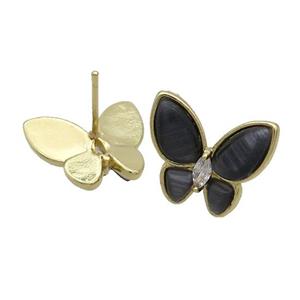 Copper Butterfly Stud Earring Pave Black Catseye Gold Plated, approx 16-18mm