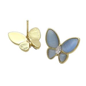 Copper Butterfly Stud Earring Pave Blue Catseye Gold Plated, approx 16-18mm
