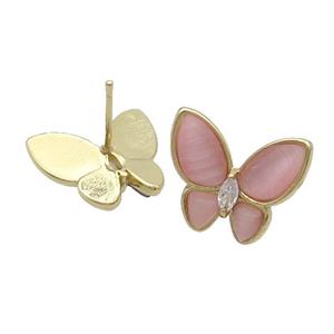 Copper Butterfly Stud Earring Pave Pink Catseye Gold Plated, approx 16-18mm