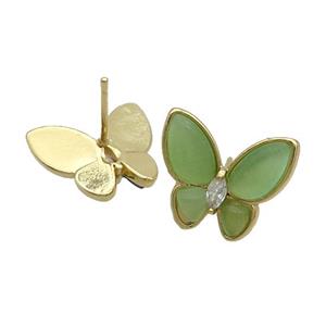 Copper Butterfly Stud Earring Pave Green Catseye Gold Plated, approx 16-18mm