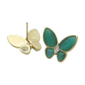 Copper Butterfly Stud Earring Pave Green Catseye Gold Plated, approx 16-18mm