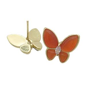 Copper Butterfly Stud Earring Pave Red Catseye Gold Plated, approx 16-18mm