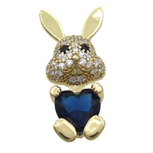 Copper Rabbit Pendant Pave Zircon Darkblue Crystal Gold Plated, approx 11-25mm
