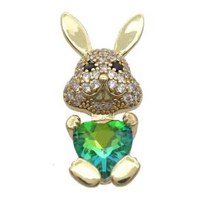 Copper Rabbit Pendant Pave Zircon Green Crystal Gold Plated, approx 11-25mm