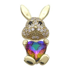 Copper Rabbit Pendant Pave Zircon Rainbow Crystal Gold Plated, approx 11-25mm