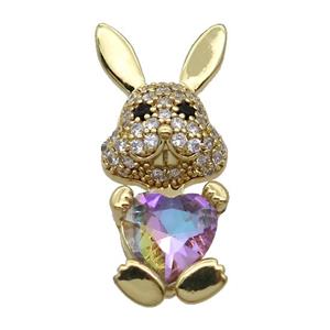 Copper Rabbit Pendant Pave Zircon Rainbow Crystal Gold Plated, approx 11-25mm