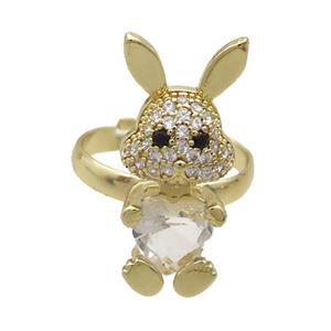 Copper Rabbit Ring Pave Zircon Clear Crystal Adjustable Gold Plated, approx 11-25mm, 18mm dia