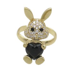 Copper Rabbit Ring Pave Zircon Black Crystal Adjustable Gold Plated, approx 11-25mm, 18mm dia