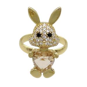 Copper Rabbit Ring Pave Zircon Champagne Crystal Adjustable Gold Plated, approx 11-25mm, 18mm dia