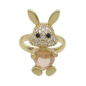 Copper Rabbit Ring Pave Zircon Crystal Adjustable Gold Plated, approx 11-25mm, 18mm dia