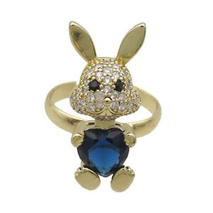 Copper Rabbit Ring Pave Zircon Blue Crystal Adjustable Gold Plated, approx 11-25mm, 18mm dia