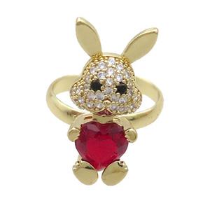 Copper Rabbit Ring Pave Zircon Red Crystal Adjustable Gold Plated, approx 11-25mm, 18mm dia