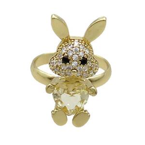 Copper Rabbit Ring Pave Zircon Yellow Crystal Adjustable Gold Plated, approx 11-25mm, 18mm dia