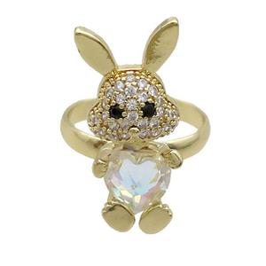 Copper Rabbit Ring Pave Zircon White Crystal Adjustable Gold Plated, approx 11-25mm, 18mm dia