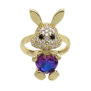 Copper Rabbit Ring Pave Zircon Bluepurple Crystal Adjustable Gold Plated, approx 11-25mm, 18mm dia