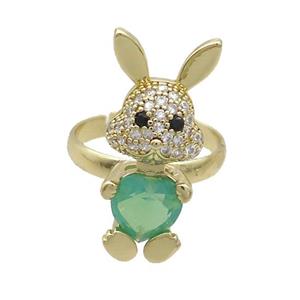 Copper Rabbit Ring Pave Zircon Green Crystal Adjustable Gold Plated, approx 11-25mm, 18mm dia