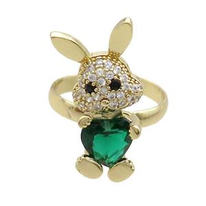 Copper Rabbit Ring Pave Zircon Peacockgreen Crystal Adjustable Gold Plated, approx 11-25mm, 18mm dia