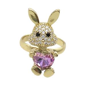 Copper Rabbit Ring Pave Zircon Purple Crystal Adjustable Gold Plated, approx 11-25mm, 18mm dia