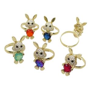 Copper Rabbit Ring Pave Zircon Crystal Adjustable Gold Plated Mixed, approx 11-25mm, 18mm dia