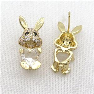 Copper Rabbit Stud Earring Pave Zircon Clear Crystal Gold Plated, approx 11-25mm