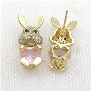 Copper Rabbit Stud Earring Pave Zircon Pink Crystal Gold Plated, approx 11-25mm