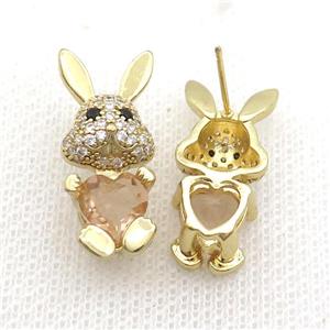 Copper Rabbit Stud Earring Pave Zircon Champagne Crystal Gold Plated, approx 11-25mm