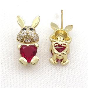 Copper Rabbit Stud Earring Pave Zircon Red Crystal Gold Plated, approx 11-25mm