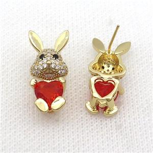 Copper Rabbit Stud Earring Pave Zircon Red Crystal Gold Plated, approx 11-25mm
