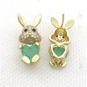 Copper Rabbit Stud Earring Pave Zircon Green Crystal Gold Plated, approx 11-25mm