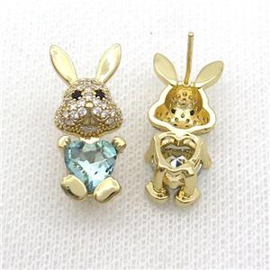 Copper Rabbit Stud Earring Pave Zircon Blue Crystal Gold Plated, approx 11-25mm