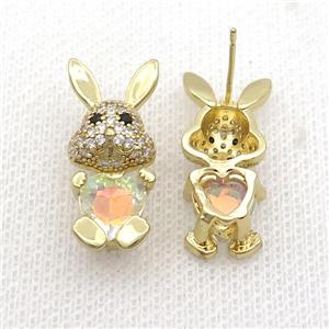 Copper Rabbit Stud Earring Pave Zircon Clear AB-color Crystal Gold Plated, approx 11-25mm