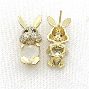 Copper Rabbit Stud Earring Pave Zircon White Crystal Gold Plated, approx 11-25mm