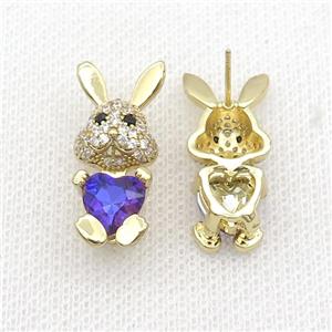 Copper Rabbit Stud Earring Pave Zircon Lavender Crystal Gold Plated, approx 11-25mm