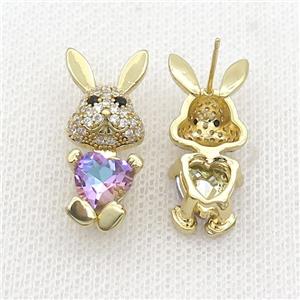 Copper Rabbit Stud Earring Pave Zircon Purple Crystal Gold Plated, approx 11-25mm