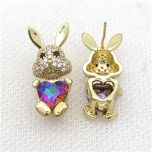 Copper Rabbit Stud Earring Pave Zircon Rainbow Crystal Gold Plated, approx 11-25mm