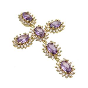 Copper Cross Pendant Pave Purple Crystal Glass Gold Plated, approx 28-42mm