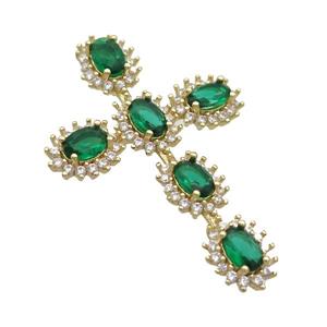 Copper Cross Pendant Pave Green Crystal Glass Gold Plated, approx 28-42mm