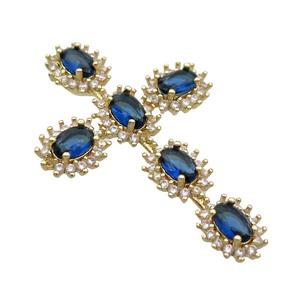 Copper Cross Pendant Pave Blue Crystal Glass Gold Plated, approx 28-42mm