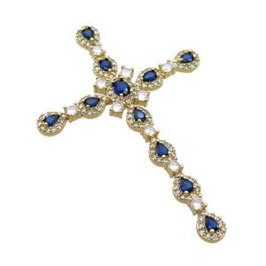 Copper Cross Pendant Pave Blue Crystal Glass Gold Plated, approx 45-68mm