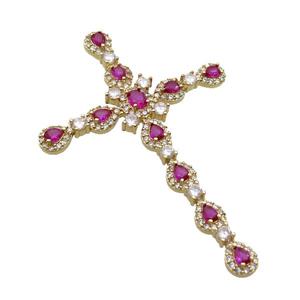 Copper Cross Pendant Pave Hotpink Crystal Glass Gold Plated, approx 45-68mm
