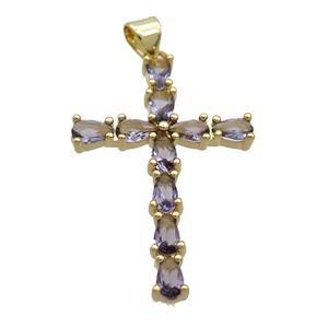 Copper Cross Pendant Pave Purple Crystal Glass Gold Plated, approx 22-32mm