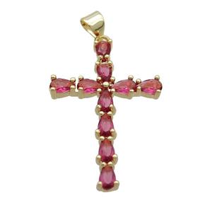 Copper Cross Pendant Pave Red Crystal Glass Gold Plated, approx 22-32mm