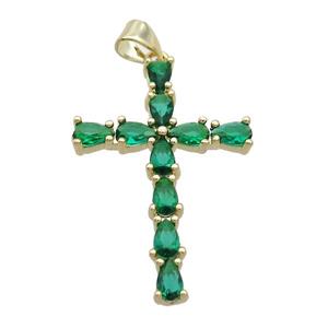 Copper Cross Pendant Pave Green Crystal Glass Gold Plated, approx 22-32mm