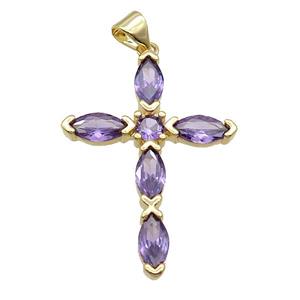 Copper Cross Pendant Pave Purple Crystal Glass Gold Plated, approx 22-32mm